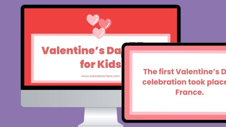 Computer screen and tablet screen displaying Valentine's Day Facts Google Slides.