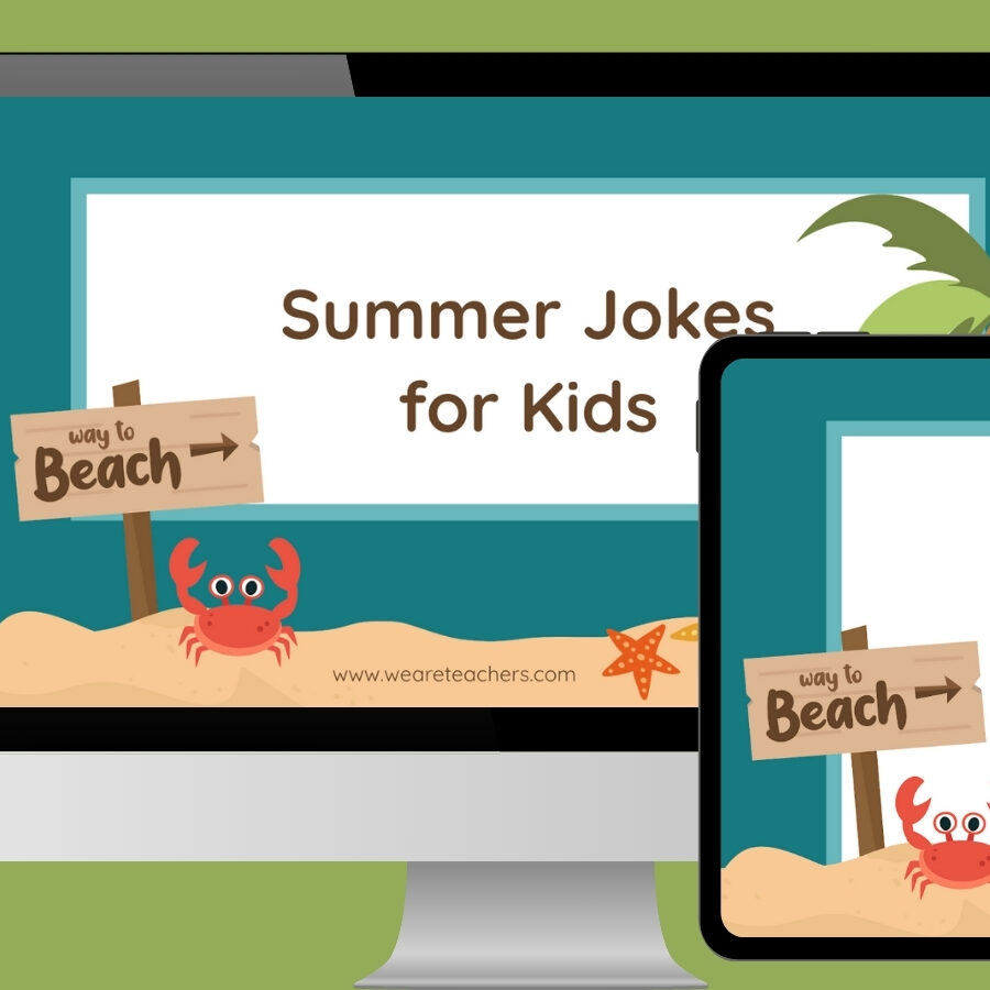 Summer jokes for kids slides on computer and laptop screen.