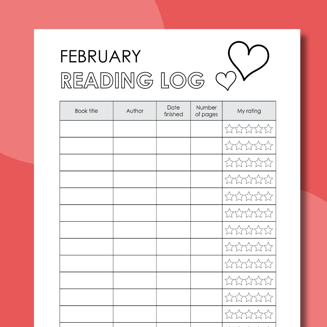 February Reading Log an image of a February reading log printable on top of a red background
