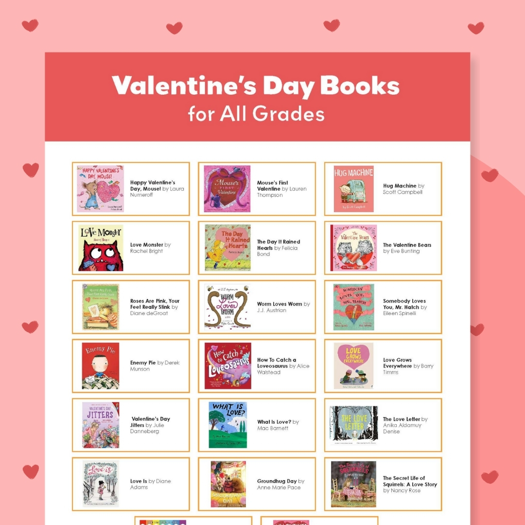 Valentine’s Day Books for Kids an image of various Valentine's Day books for kids covers on top of a pink and red background with hearts