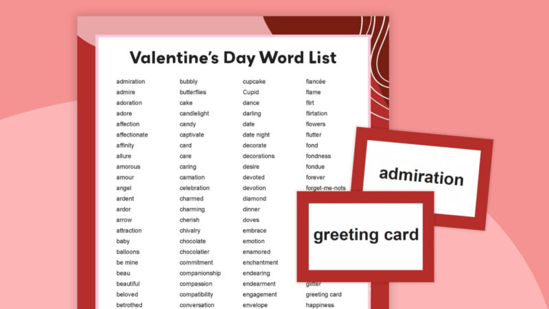 Example of Valentine's Day word list and cards printable