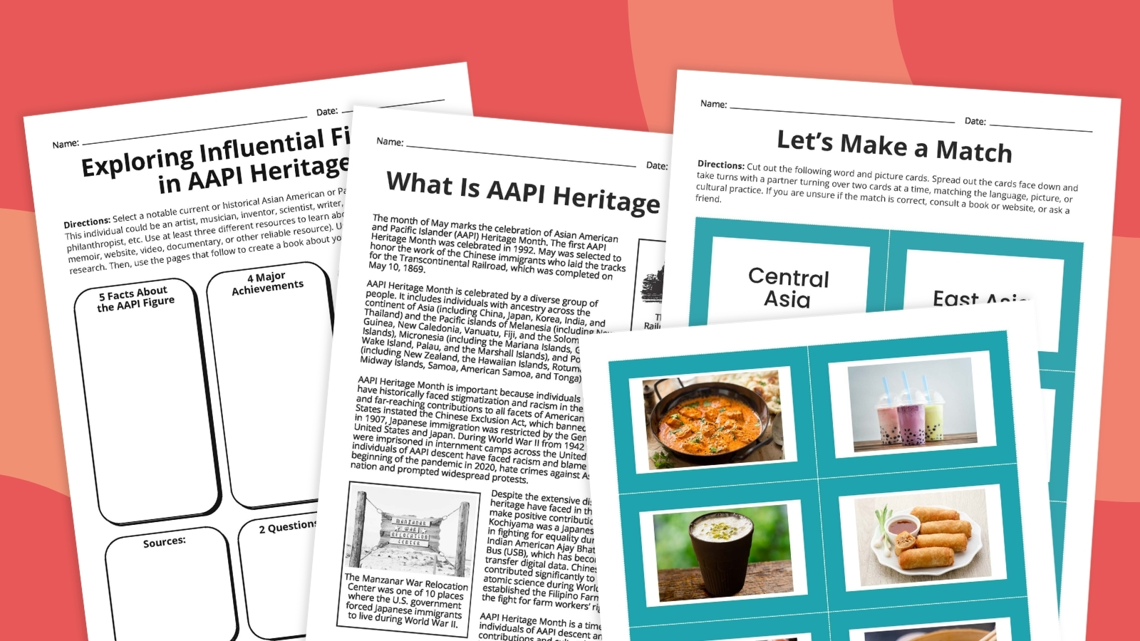 Rectangular collage of AAPI Heritage month worksheets