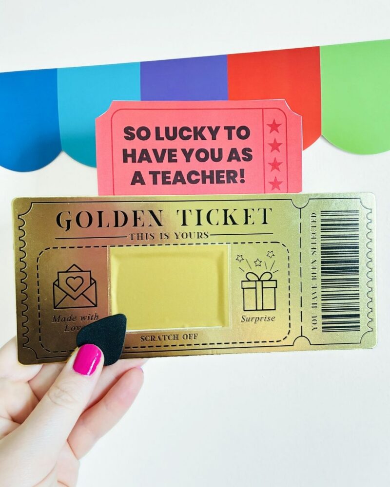Gift Tags for Teachers Printable an image of a teacher gift with a gift tag for teachers printable: golden scratch off ticket
