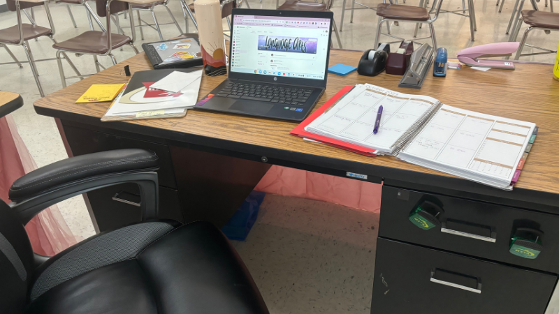 Image of a Google Chromebook on a teacher desk