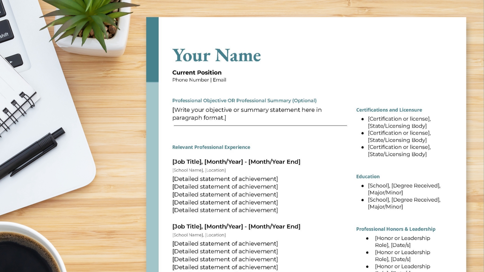 Free teacher resume template lying on a desk