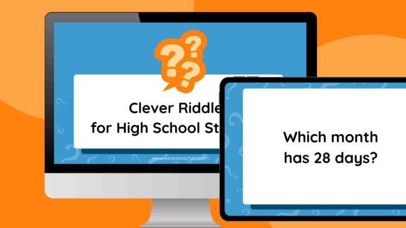 Riddles for High School Students an image of a computer and ipad screen featuring riddles for high school students with two example slides