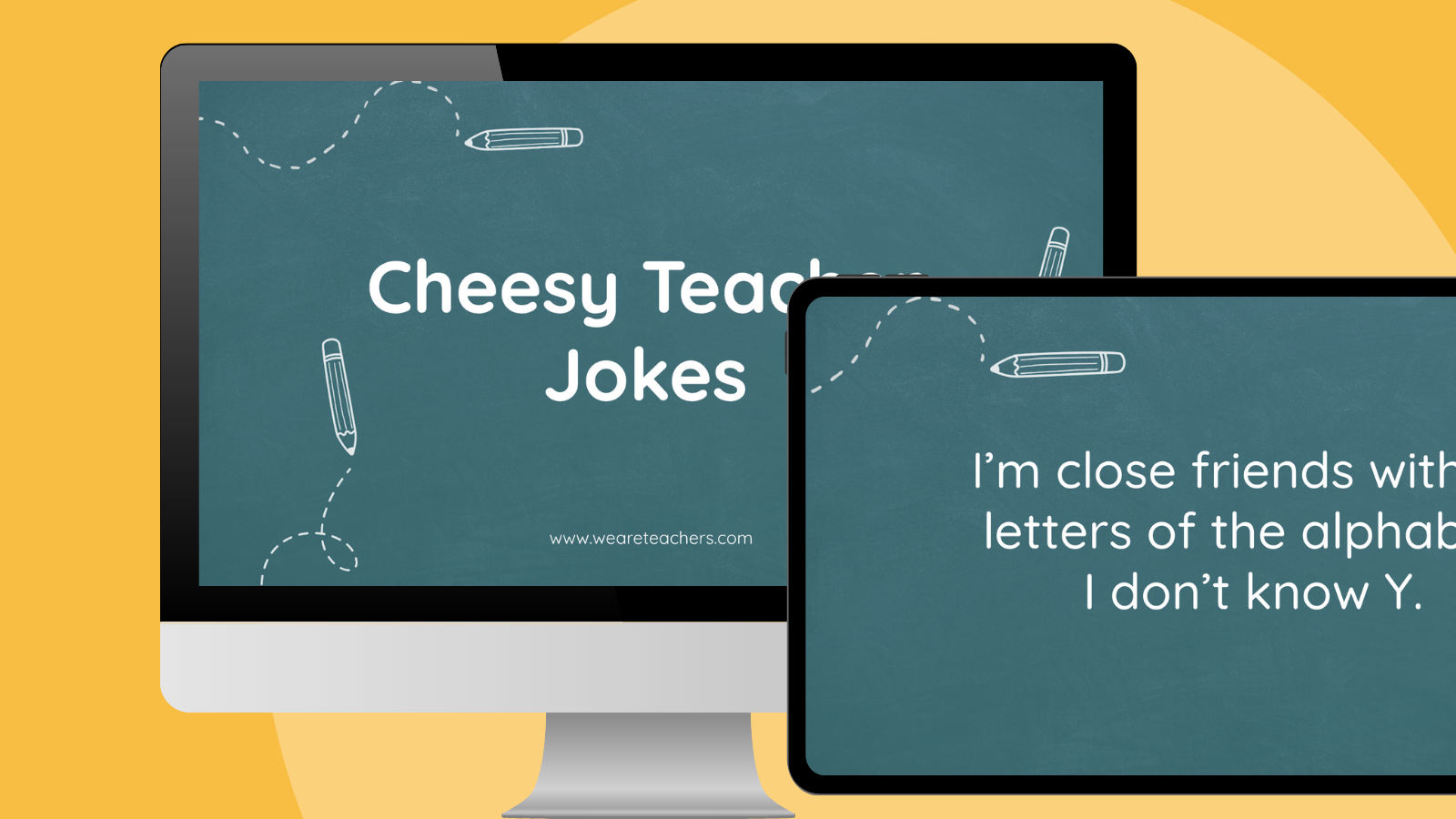 an image of a computer and ipad screen featuring Google Slides from cheesy teacher jokes