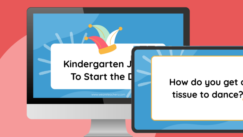 an image of a computer and tablet screen with slides from 275 kindergarten jokes to start the day