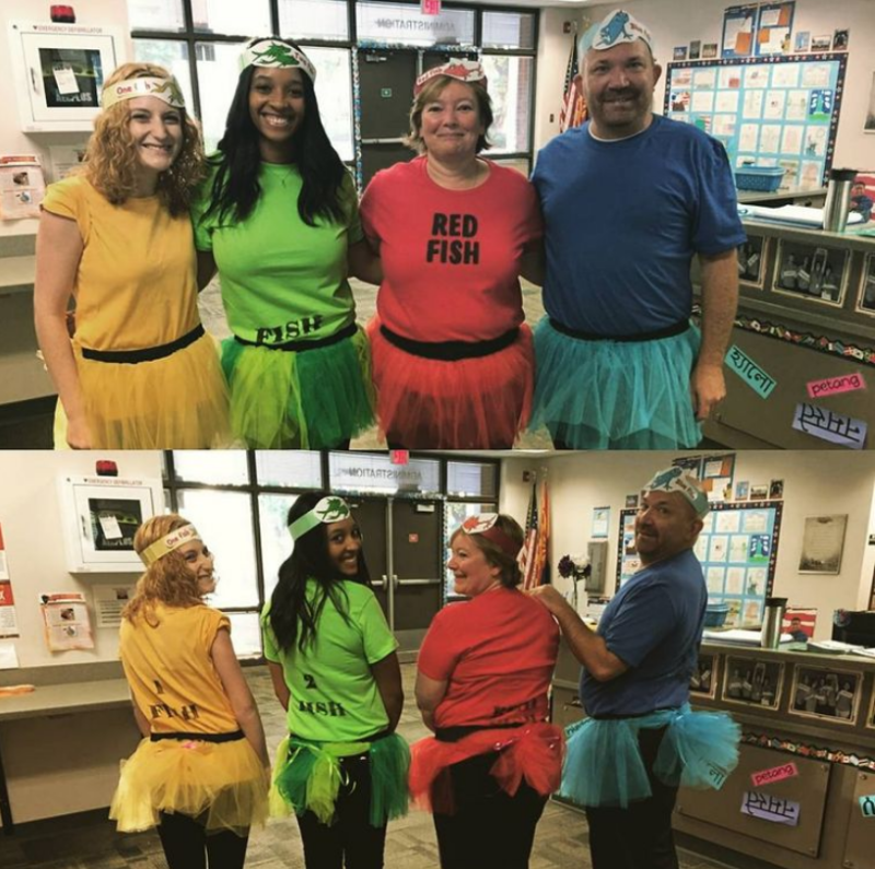 Teachers are dressed in yellow, green, red, and blue shirts and tutus.
