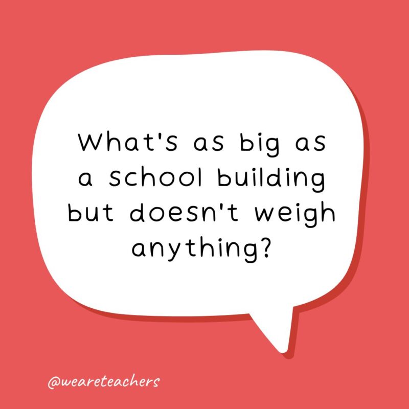 a conversation bubble with a joke for kids: what's as big as a school building but doesn't weigh anything?