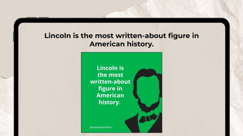 Silhouette of Abraham Lincoln on green background with text that says Lincoln is the most written-about figure in American history.