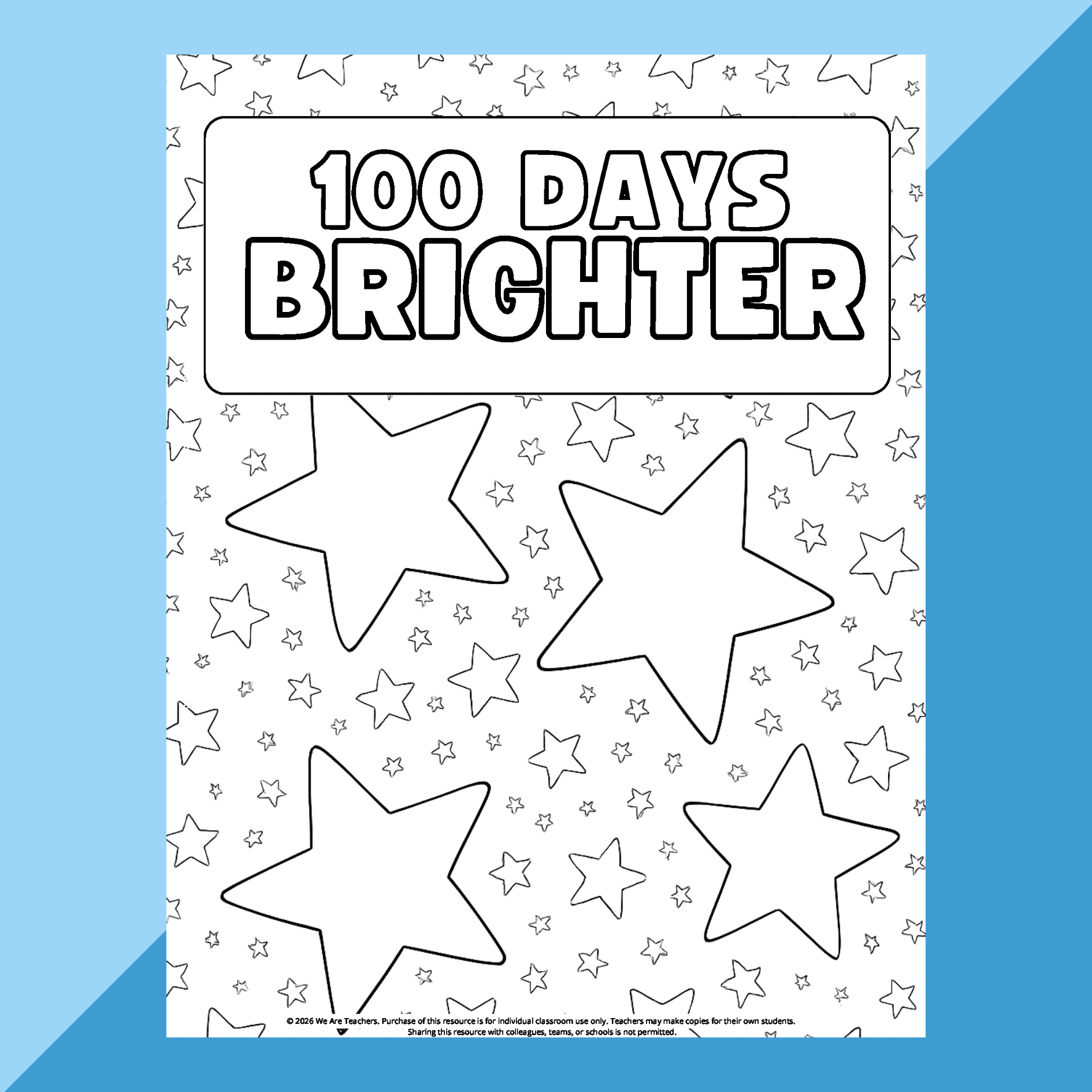 Image of a coloring page with 100 stars that says, "100 Days Brighter."
