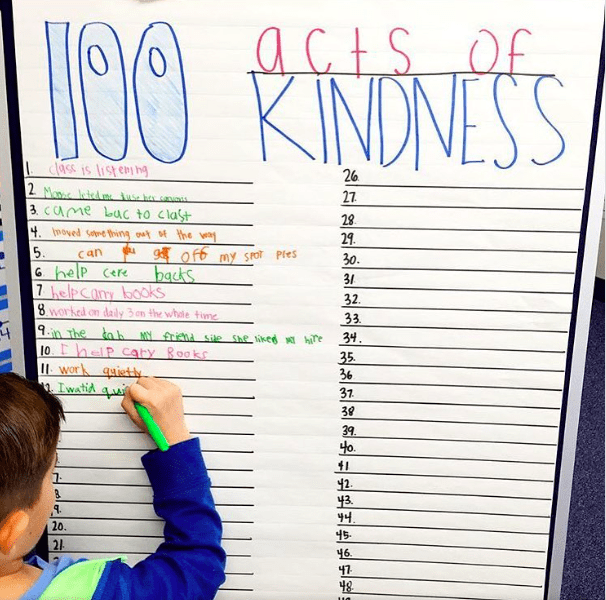 A child records an act of kindness on a class poster