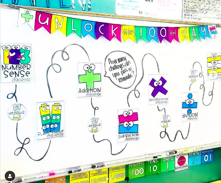 100th Day of school ideas: a classroom white board with a series of math challenges for kids