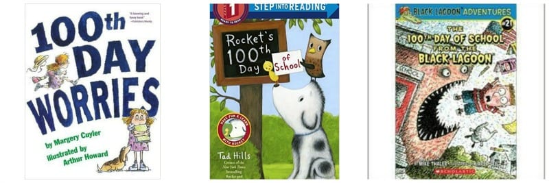 Three books about 100th Day including 100th Day Worries and Rocket's 100th Day of School
