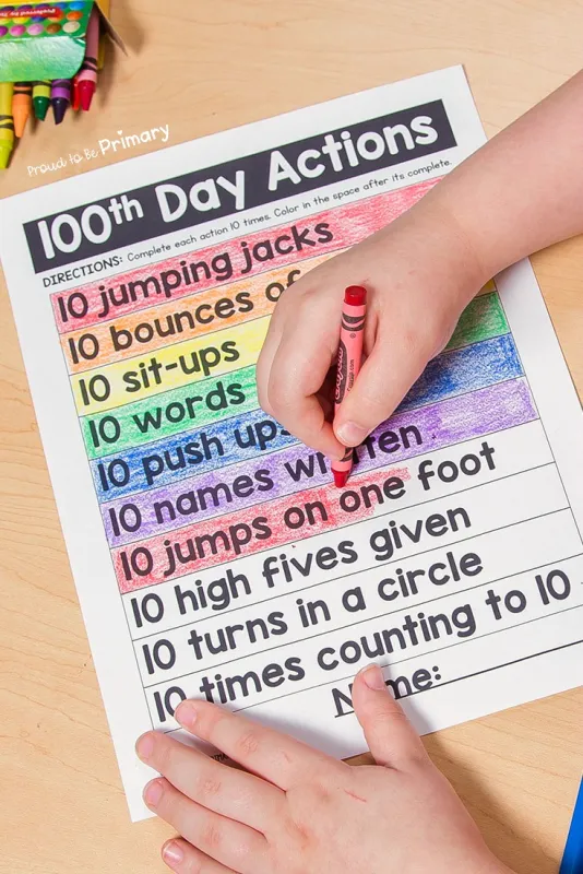 A colorful menu of 100th day physical activities as an example of 100th day of school ideas