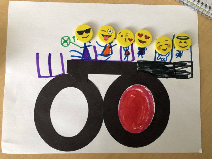 A picture drawn by a young student using the number 100 to create a truck with a family inside