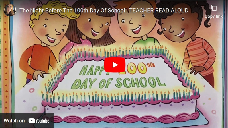 Screenshot of YouTube video where cartoon kids are standing over a Happy 100th Day of School cake.