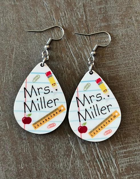 earrings that are personalized with a teacher's name 