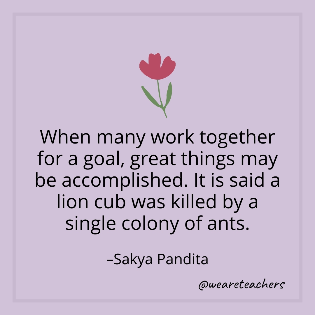 When many work together for a goal, great things may be accomplished. It is said a lion cub was killed by a single colony of ants. – Sakya Pandita