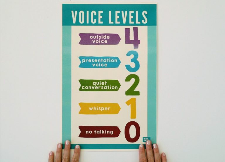 poster with four voice levels. 0 no talking. 1 whisper. 2 quiet conversation. 3 presentation voice. 4 outside voice. 