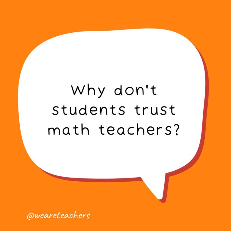 speech bubble with the following school joke for kids: Why don't students trust math teachers?