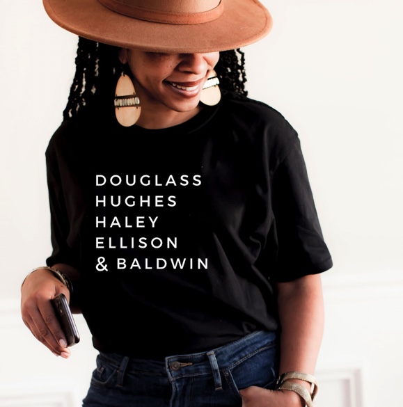 t-shirt with names of black authors douglass hughes haley ellison and baldwin