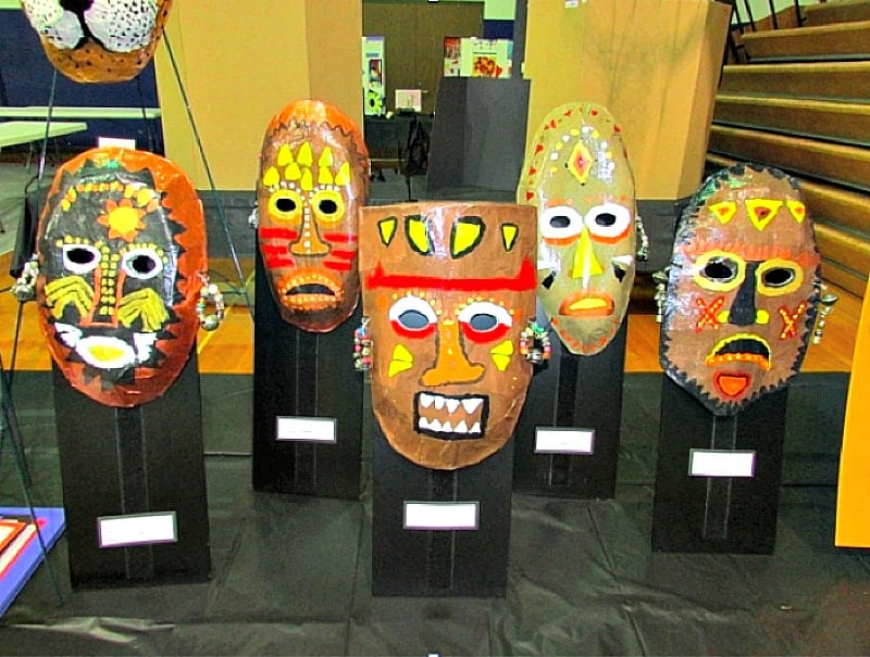 African masks on display -- 4th grader needs to know