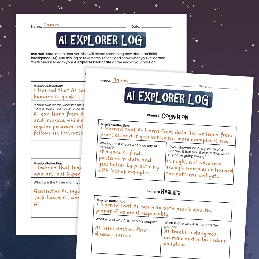 Images of the explorer logs from the Kids4Teach understanding AI game