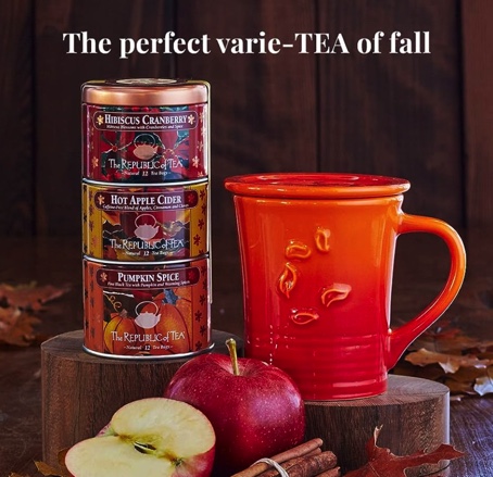three stacked tea tins and a mug for a halloween teacher gift 