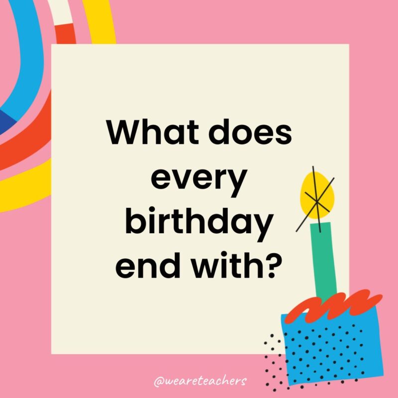 Birthday Jokes for Kids a birthday frame with the joke: What does every birthday end with?
