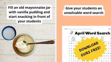 Paired images of April Fools pranks for students