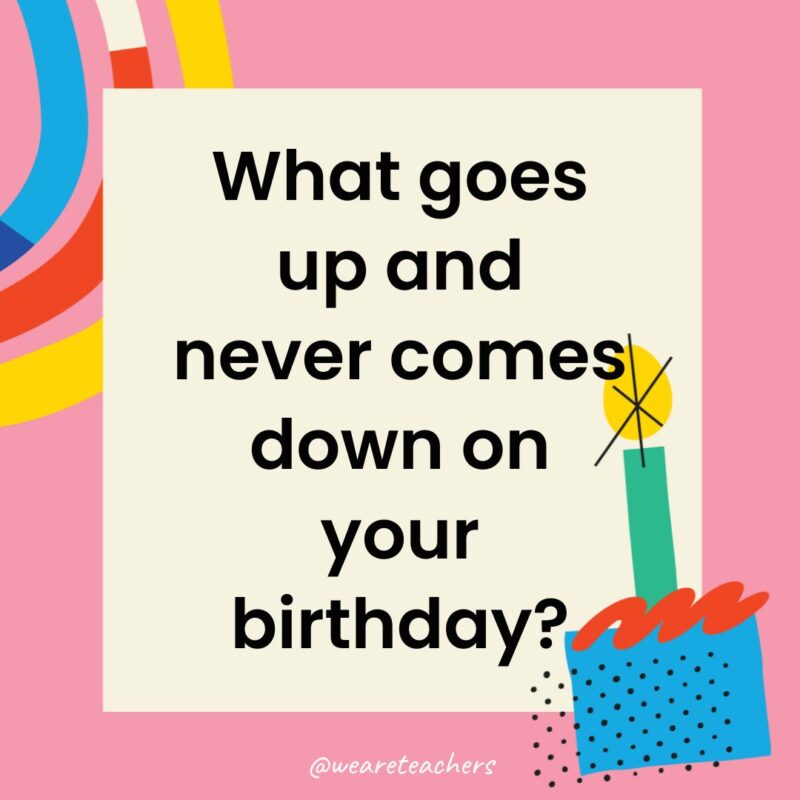 Birthday Jokes for Kids a birthday frame with the joke: What goes up and never comes down on your birthday?