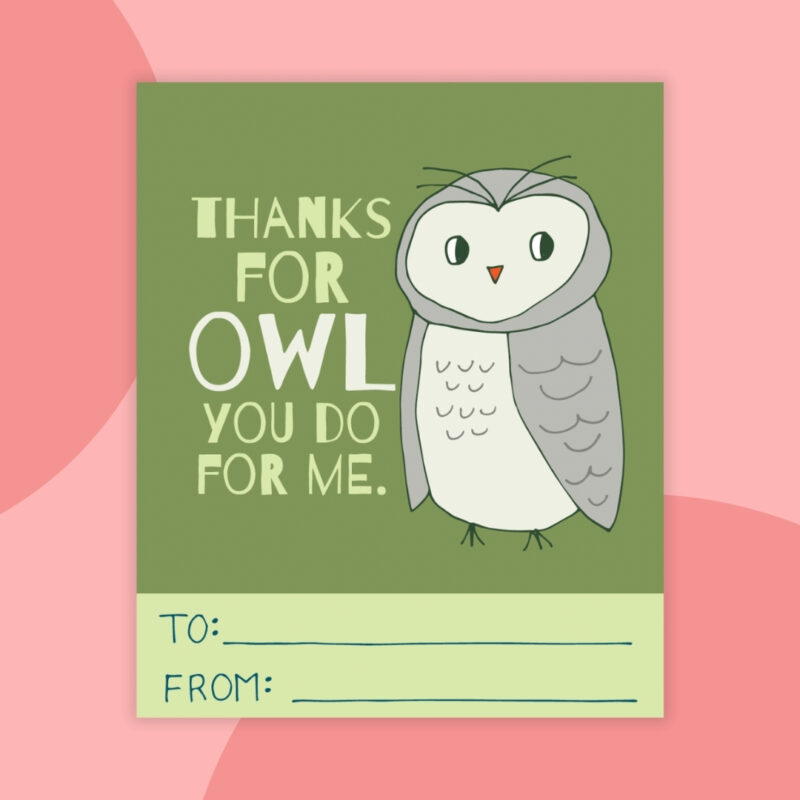 Printable Valentines a printable valentine that says: thanks for owl you do for me with a green background and an owl image