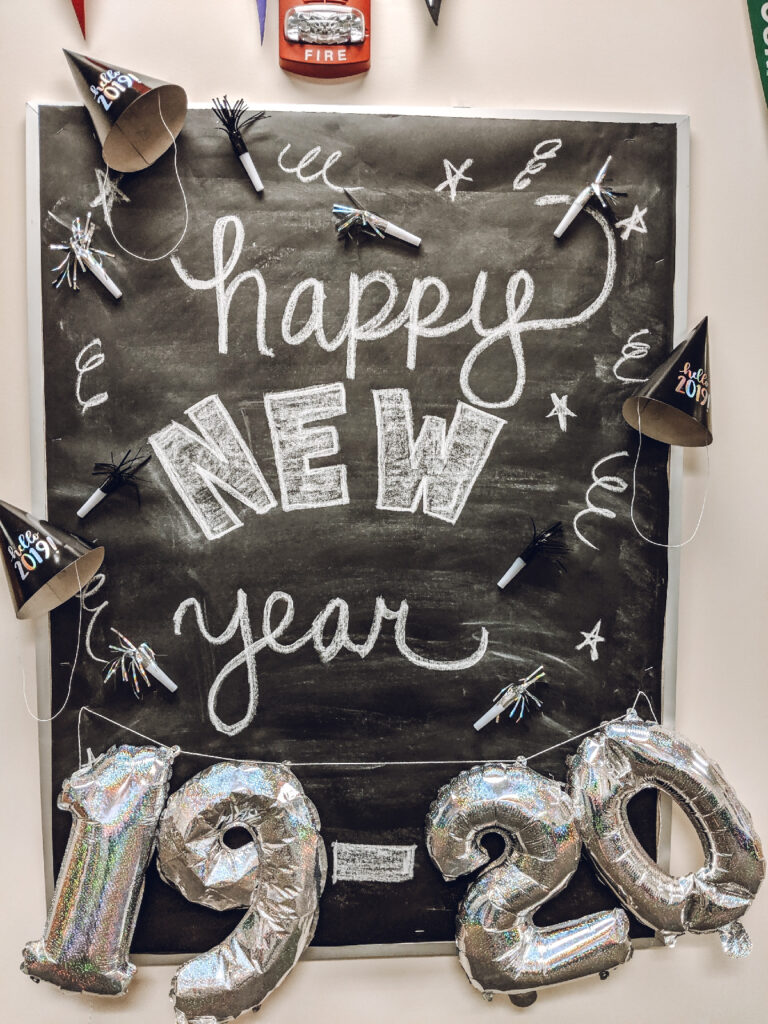 New year bulletin board ideas include this black bulletin board that says Happy New Year with balloons on the bottom that say 19-20. Party hats and horns are also attached.