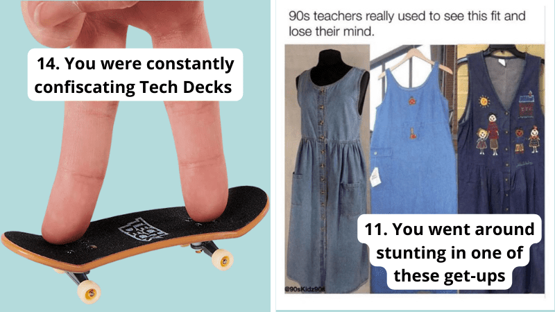 Paired image of a Tech Deck finger skateboard and three denim dresses