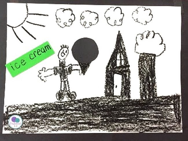 Black crayon drawing of child holding an ice cream cone, with a house and trees