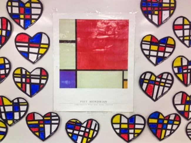 Piet Mondrian squares print surrounded by hearts with a similar pattern (First Grade Art)