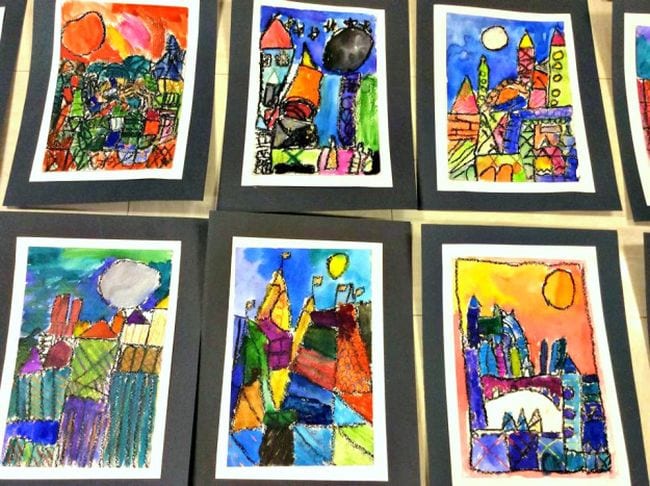 Crayon cityscapes drawn in the cubist style of Paul Klee (First Grade Art)