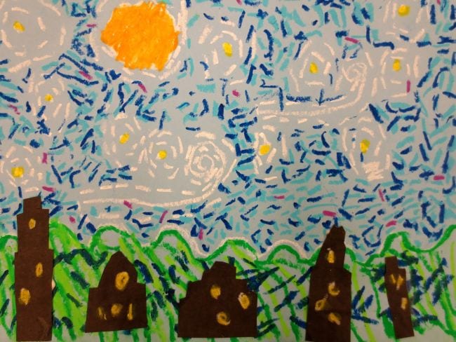 Simple reproduction of Van Gogh's Starry Night done with oil pastels (First Grade Art)