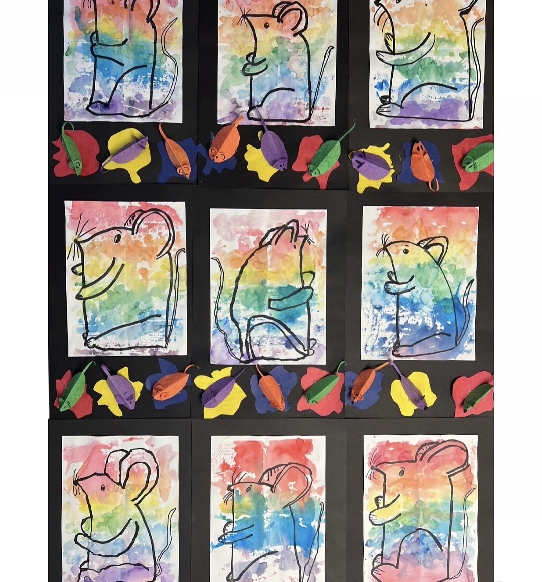 Watercolor mice with origami mice below