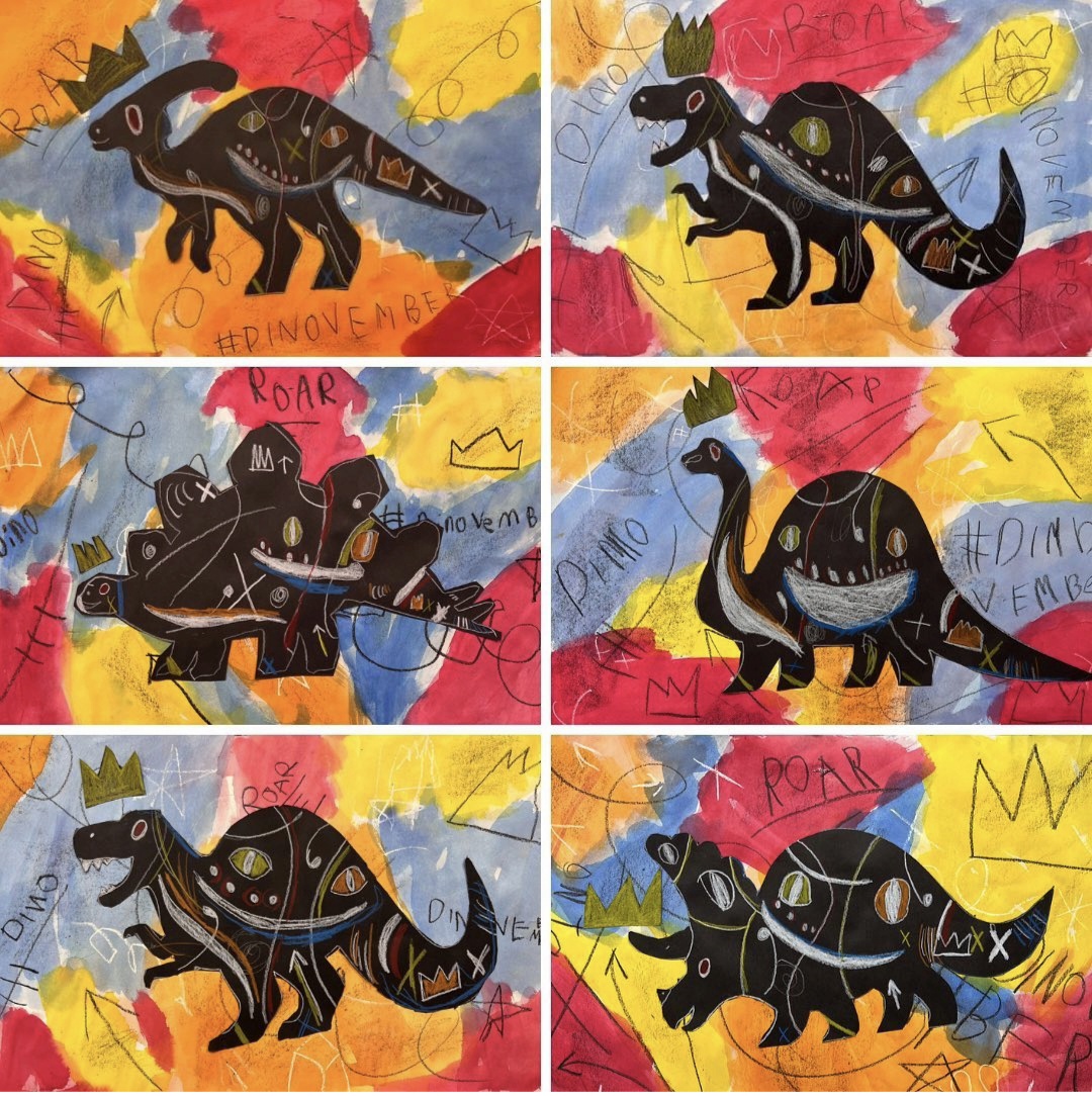 Dino silhouettes on colorful backgrounds