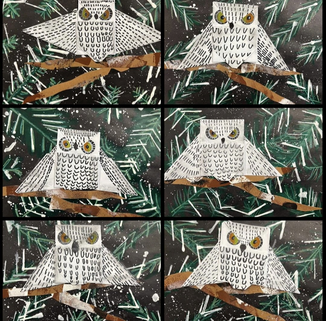 Origami owls against black forest backgrounds made with pastels