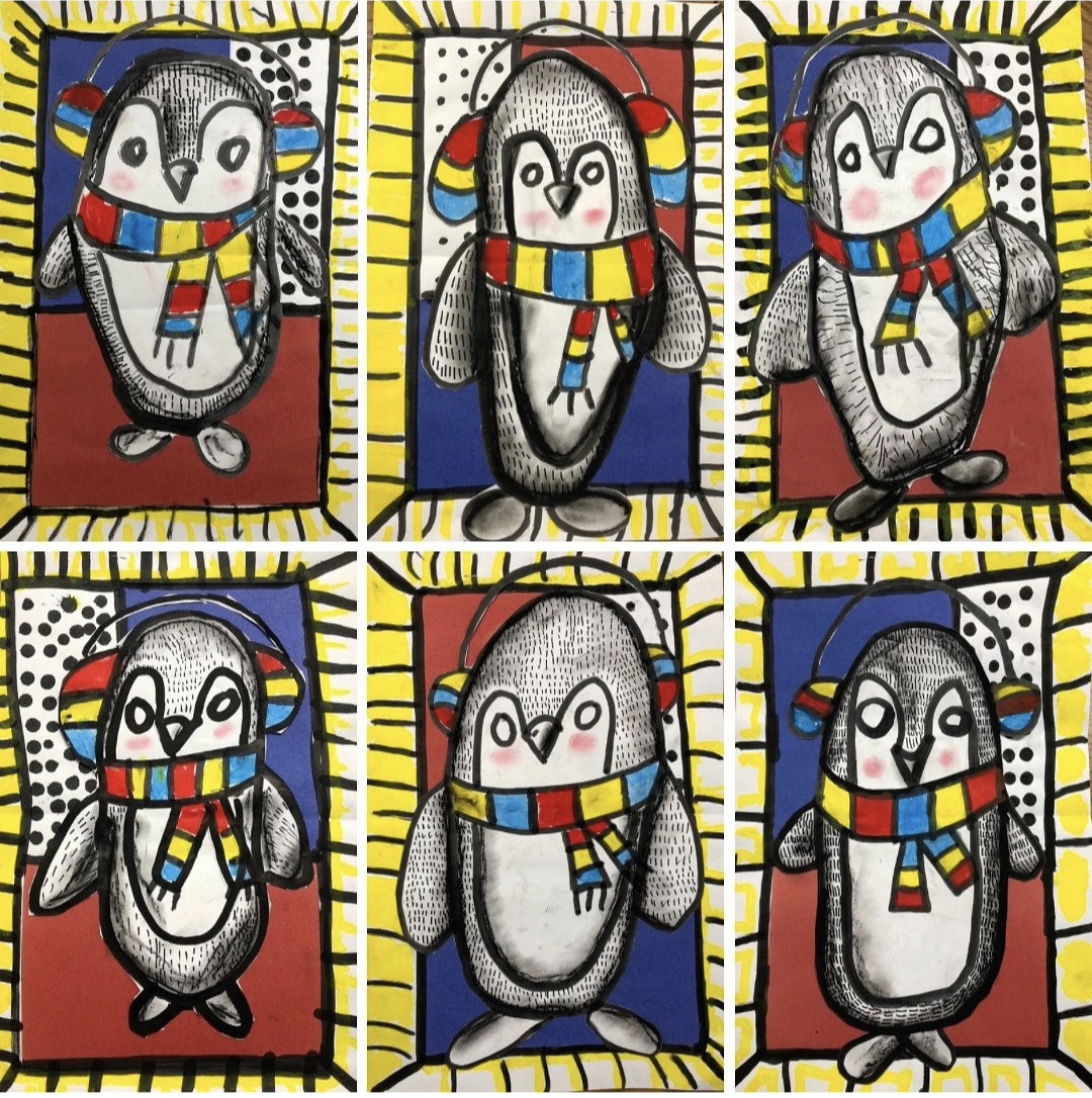 Pop Art Penguins in bright primary colors