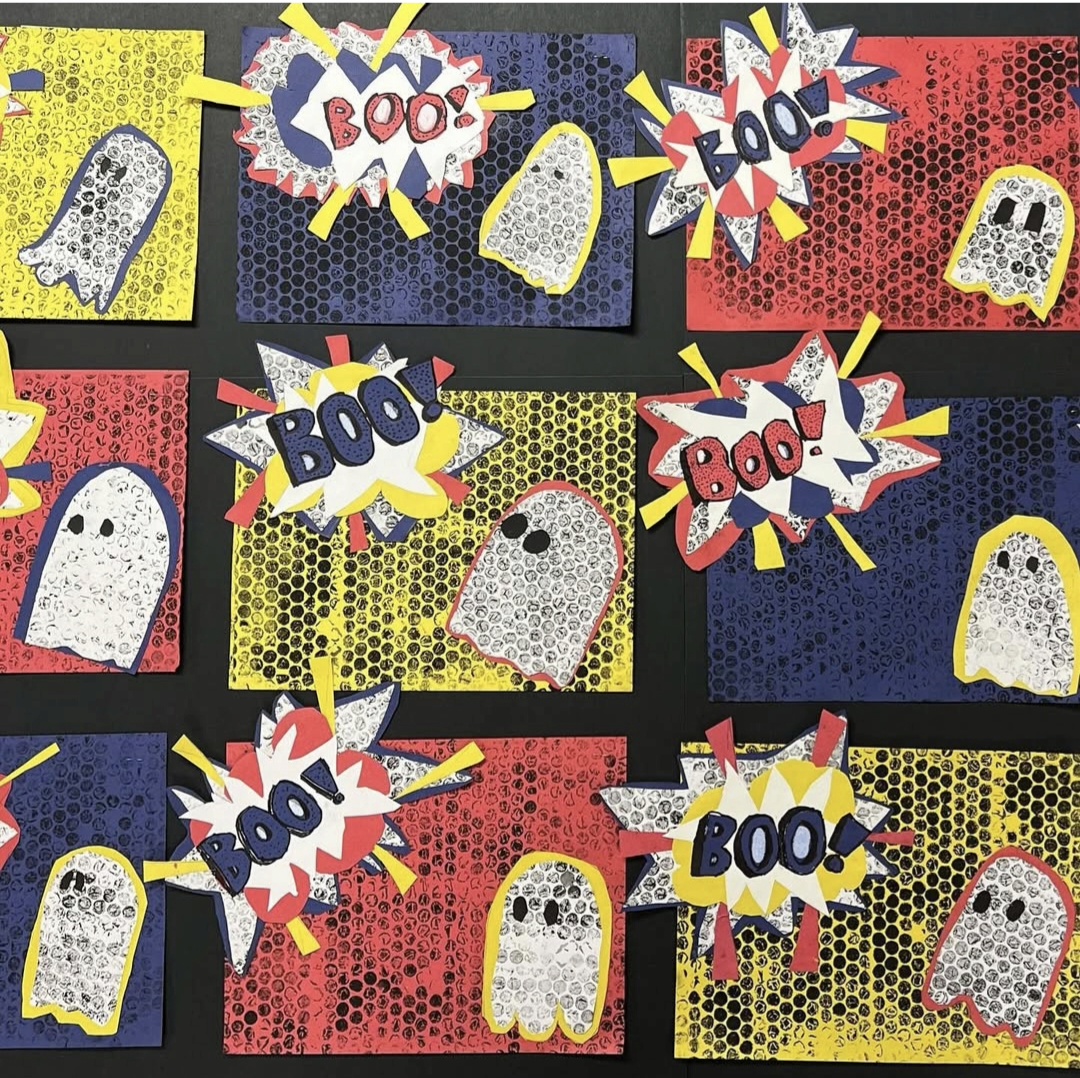 Ghosts on pop art backgrounds with the word 