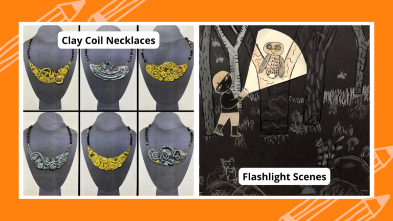 1st Grade Art Projects including clay coil necklaces and flashlight scenes