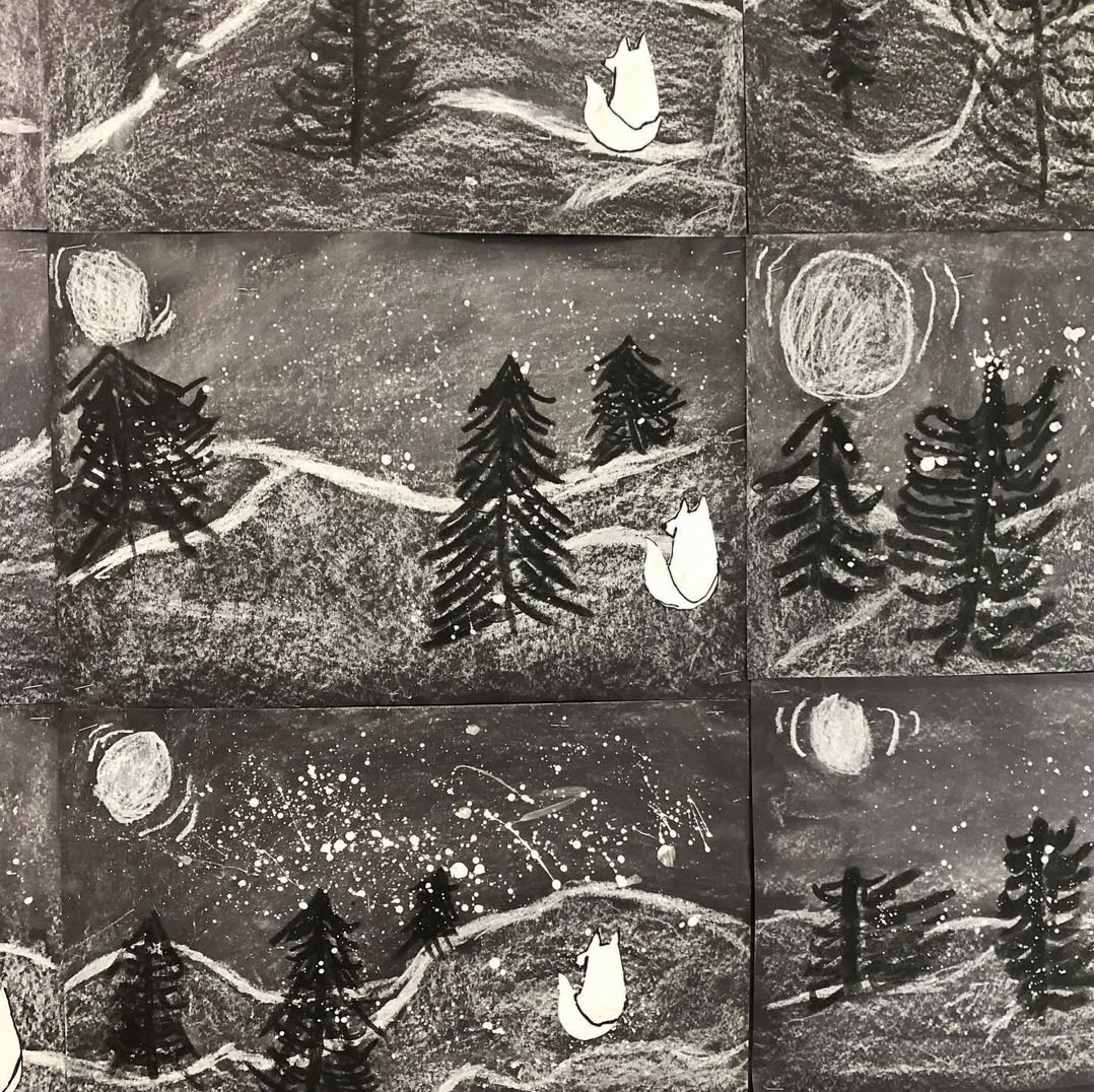 Black and white pastel nightscapes by first graders