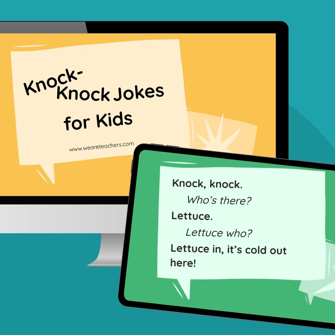 an image of a computer and ipad screen with two google slide examples of knock knock jokes for kids