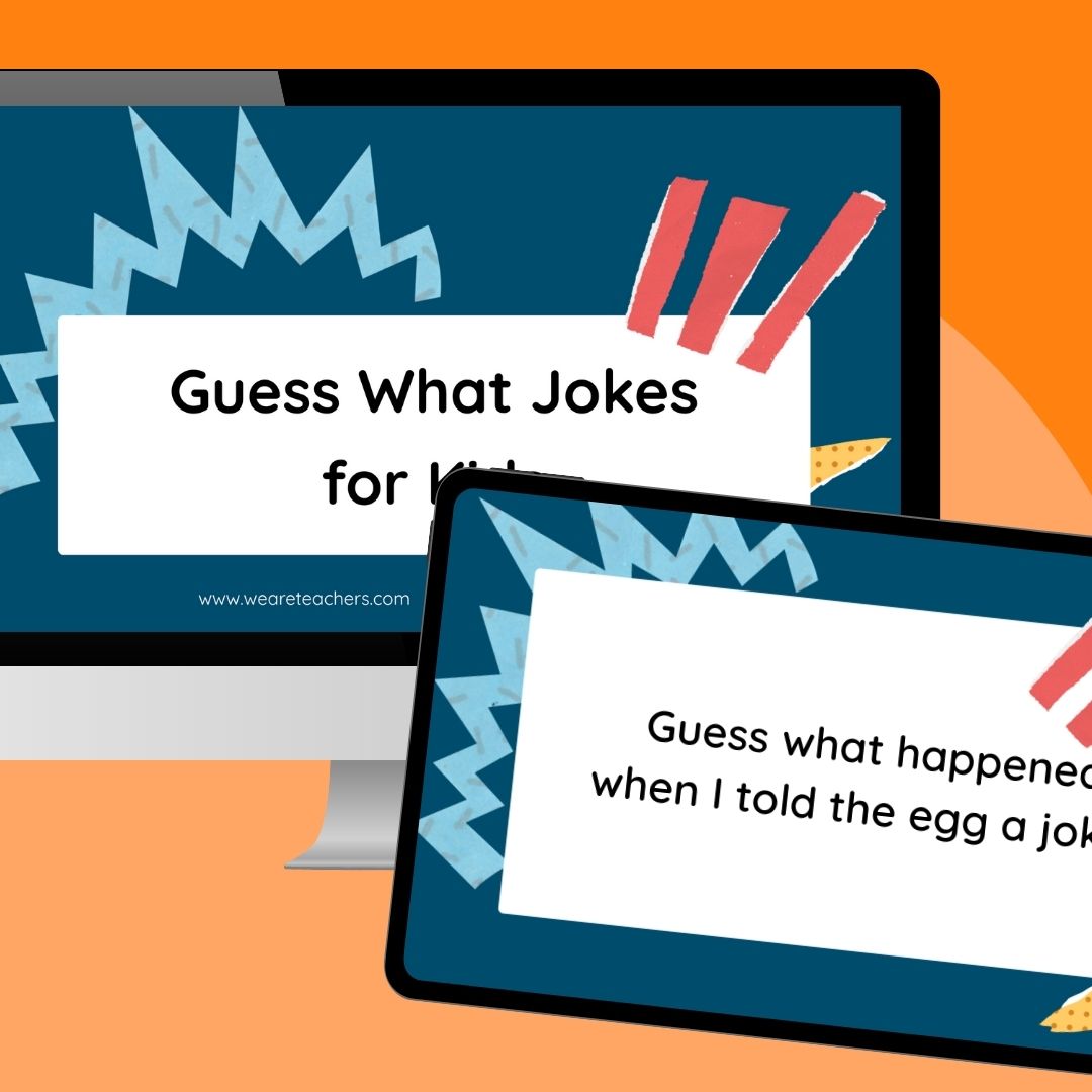Guess What Jokes for Kids an image of a computer and ipad screen featuring guess what jokes for kids Google Slides