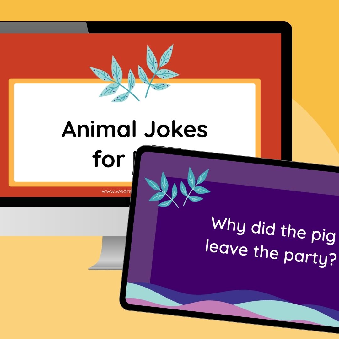Animal Jokes for Kids an image of a computer and ipad screen with an animal jokes for kids Google slides